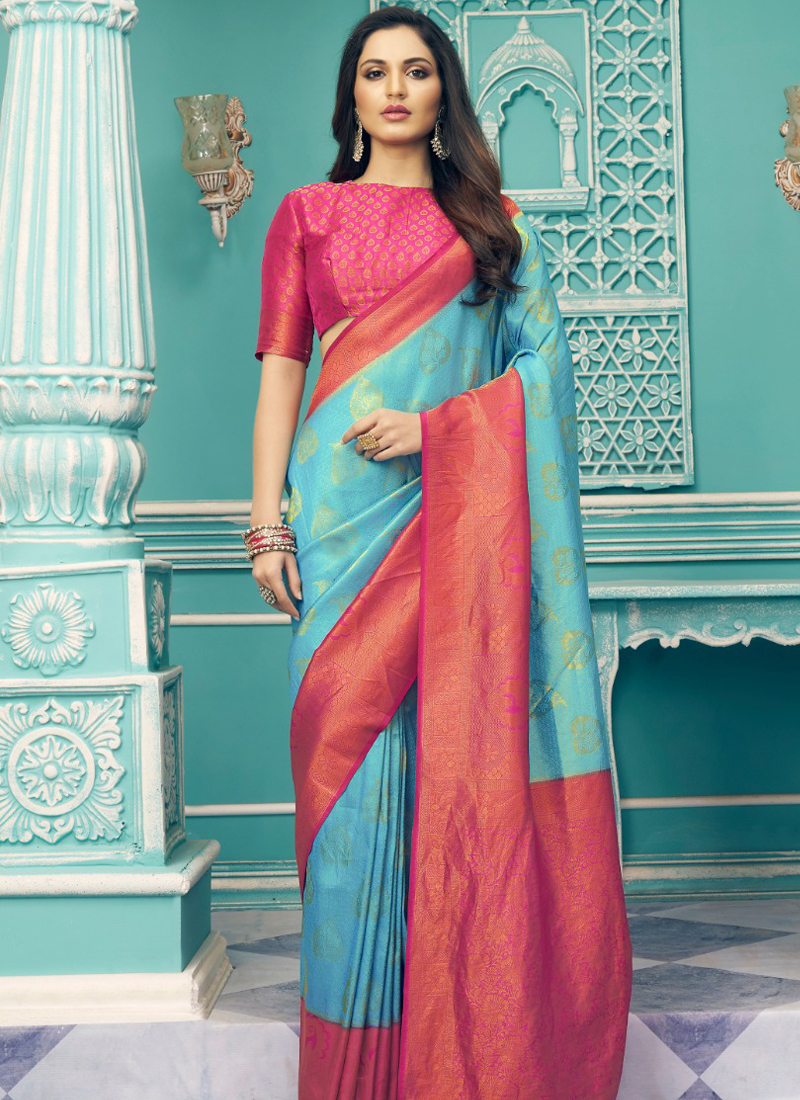 Buy Traditional Wear Sky Blue Weaving Work Soft Silk Saree Online From Surat Wholesale Shop 9081